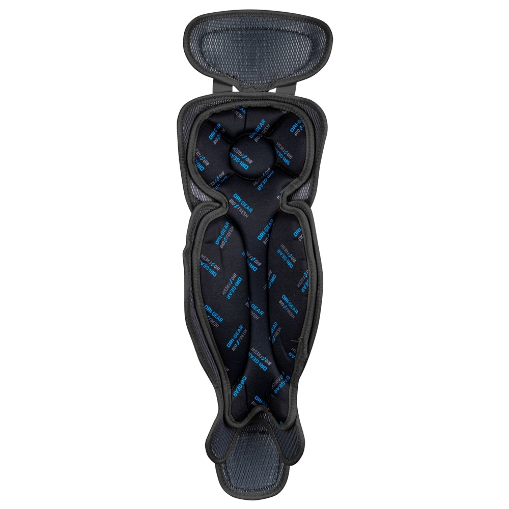 The Champro Optimus Pro Catcher's Leg Guards (CG18) by Champro Sports feature black, padded, ergonomic inserts with moisture-wicking properties and blue branding, designed for protective use in sports gear.