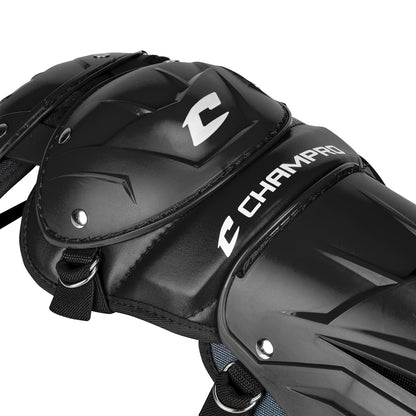 Close-up of black Champro Optimus Pro Catcher's Leg Guards by Champro Sports, featuring protective hard plastic plates, moisture-wicking lining for comfort, reinforcing rivets, and the Champro logo in white lettering.