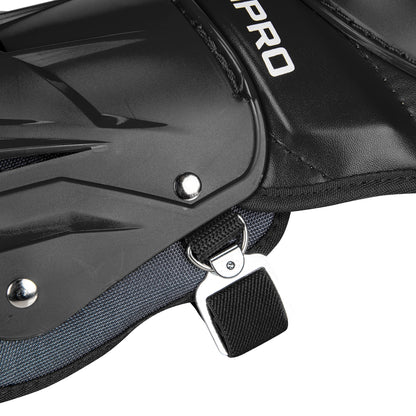 Close-up of the Champro Optimus Pro Catcher's Leg Guards: CG18 by Champro Sports, featuring a black hard shell, metal rivets, PE shin plate, fabric strap with metal buckle. "PRO" is partially visible on the upper right section.