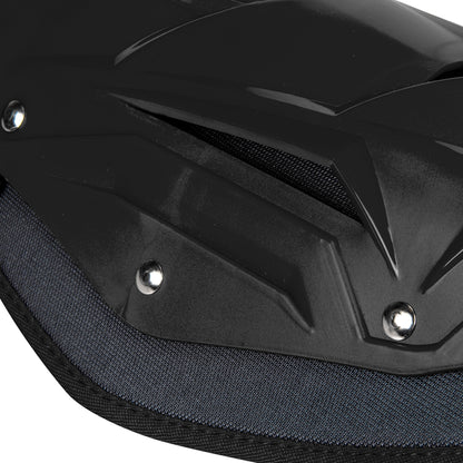 Close-up of Champro Sports Champro Optimus Pro Catcher's Leg Guards (CG18): black, angular plastic with metal rivets, textured fabric edge, PE shin plate, and moisture wicking for comfort—ideal protective gear.