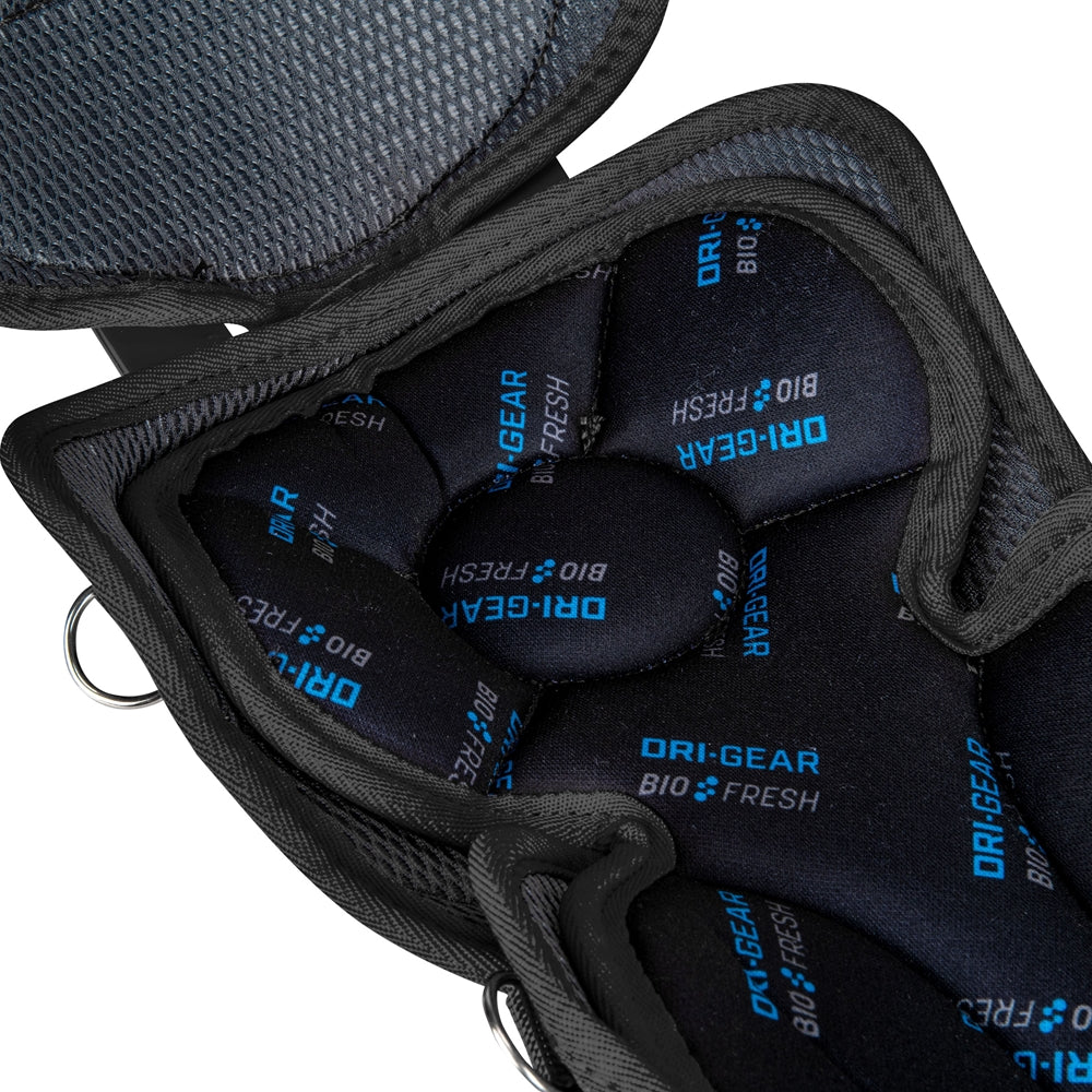 A close-up of the Champro Optimus Pro Catcher's Leg Guards (CG18) by Champro Sports shows the blue DRI-GEAR BIO-FRESH text printed on the soft, cushioned lining with antimicrobial technology for added freshness.