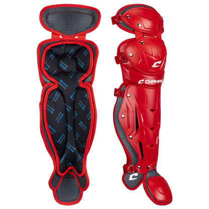 A pair of Champro Sports Optimus Pro Catcher's Leg Guards (CG18) in scarlet, shown front and back, with protective padding, PE shin plate, adjustable straps, and the Champro logo on the front.