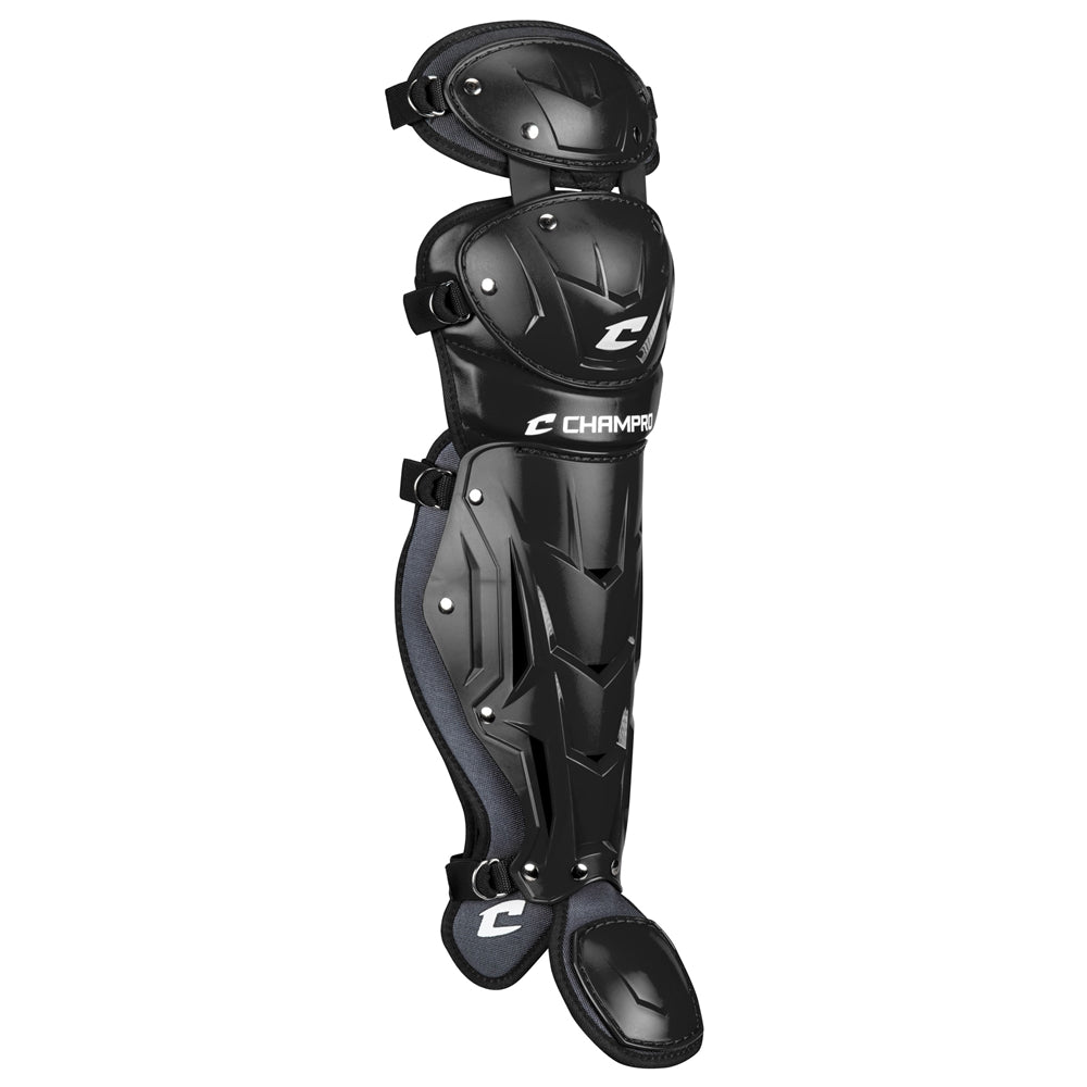 Champro Optimus Pro Catcher's Leg Guards: CG18 by Champro Sports feature a PE shin plate, knee and foot coverage, white branding, moisture-wicking lining, adjustable straps, and molded sections with rivets for durability and comfort during play.