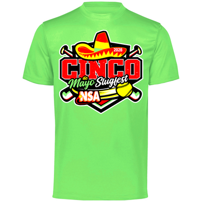 The DSG Apparel 2026 NSA Cinco de Mayo Slugfest Fastpitch Tournament Shirt is a bright lime green dry fit tee with a colorful graphic—perfect for pre-order or as your official NSA Fastpitch Tournament shirt!.