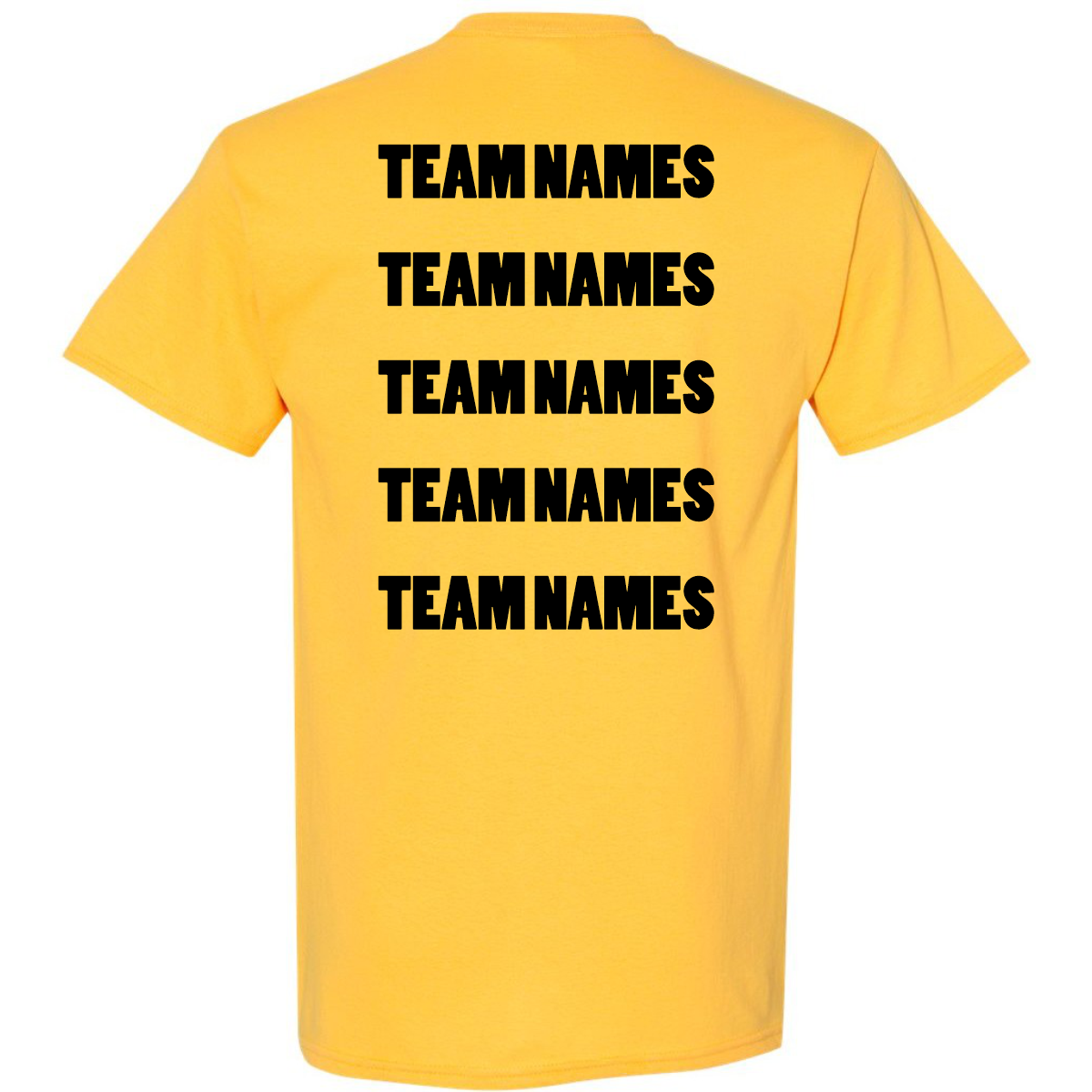 The back of a yellow 2027 NSA Cinco de Mayo Slugfest Fastpitch Tournament Shirt displays the words TEAM NAMES printed in black block letters across five rows.