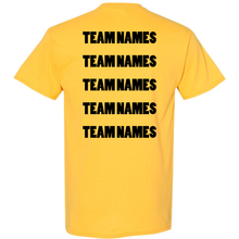 The back of a yellow 2027 NSA Cinco de Mayo Slugfest Fastpitch Tournament Shirt displays the words TEAM NAMES printed in black block letters across five rows.