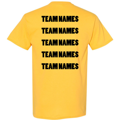 The back of a yellow 2027 NSA Cinco de Mayo Slugfest Fastpitch Tournament Shirt displays the words TEAM NAMES printed in black block letters across five rows.