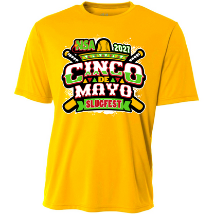 Yellow short-sleeved 2027 NSA Cinco de Mayo Slugfest Fastpitch Tournament Shirt featuring a chest graphic of a sombrero and two crossed baseball bats.