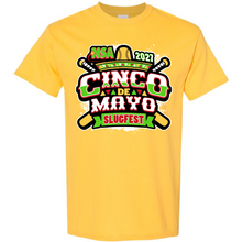 Yellow crewneck 2027 NSA Cinco de Mayo Slugfest Fastpitch Tournament Shirt featuring a graphic of two crossed bats, a sombrero, and the text NSA 2027 Cinco de Mayo Slugfest.