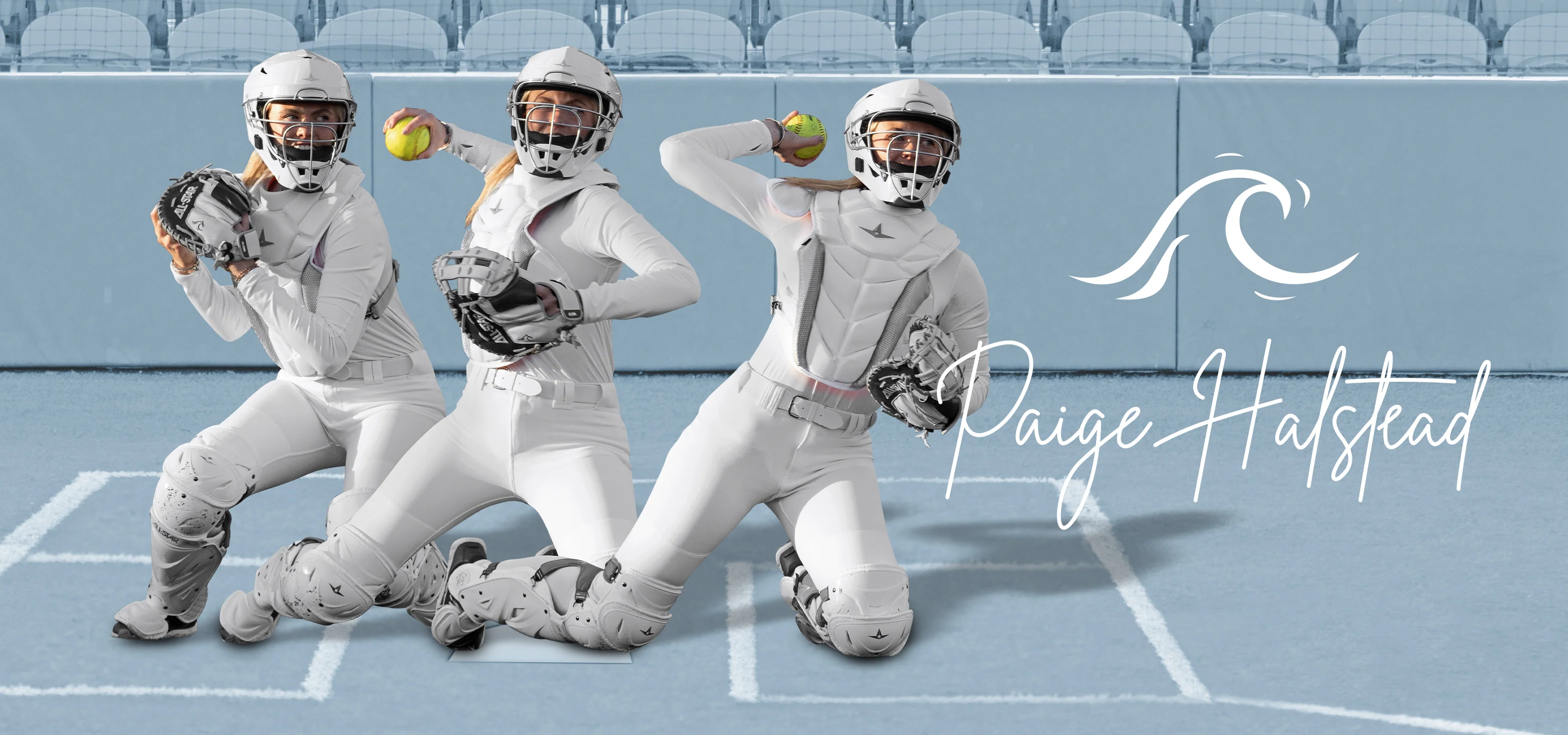 Three female softball catchers in white uniforms and helmets demonstrate catching, throwing, and pitching poses on a blue-toned field. The name Paige Halstead and a wave graphic appear on the right side.