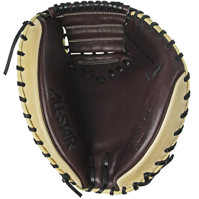 The All Star S7 Elite 34" Baseball Catcher's Mitt: CM5000 is a brown and tan leather mitt with black lacing, premium-grade rawhide, deep pocket construction, and "All Star" embossed on the palm.