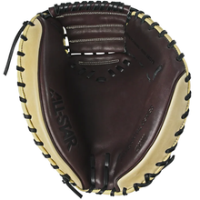 The All Star S7 Elite 34" Baseball Catcher's Mitt: CM5000 is a brown and tan leather mitt with black lacing, premium-grade rawhide, deep pocket construction, and "All Star" embossed on the palm.