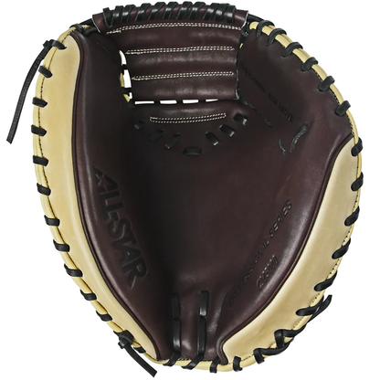 The All Star S7 Elite 34" Baseball Catcher's Mitt: CM5000 is a brown and tan leather mitt with black lacing, premium-grade rawhide, deep pocket construction, and "All Star" embossed on the palm.