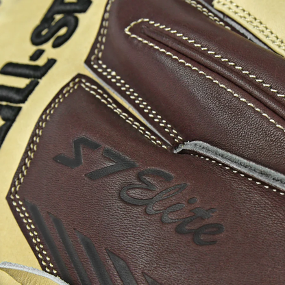 A close up of the All Star S7 Elite 34" Baseball Catcher's Mitt: CM5000 showcases its deep pocket design and premium grade rawhide for superior performance.