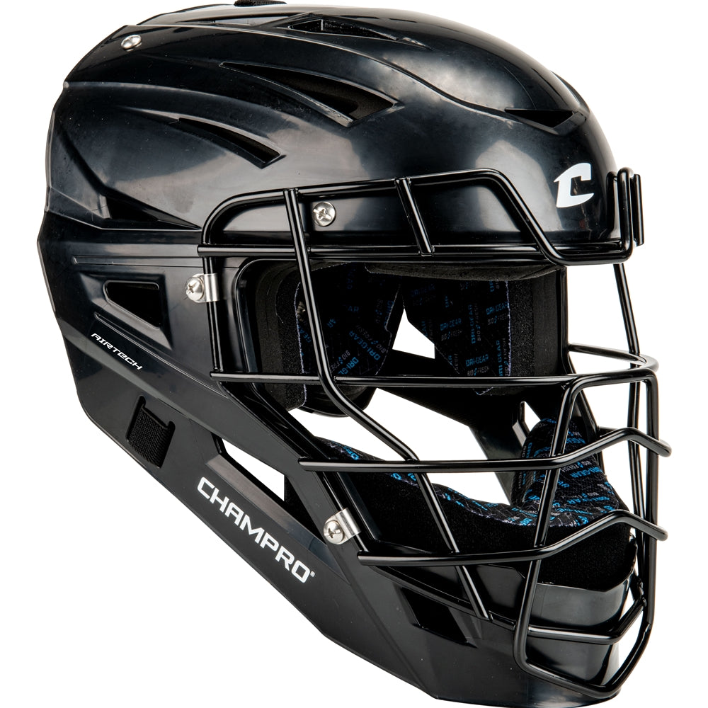 The Champro Sports Champro Cannon Hockey Style Catcher's Helmet: CMHXU is a black helmet with a carbon steel faceguard and AirTech ventilation system for comfort.