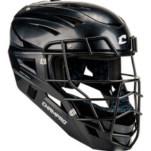 The Champro Sports Champro Cannon Hockey Style Catcher's Helmet: CMHXU is a black helmet with a carbon steel faceguard and AirTech ventilation system for comfort.