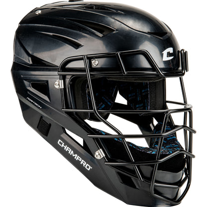 The Champro Sports Champro Cannon Hockey Style Catcher's Helmet: CMHXU is a black helmet with a carbon steel faceguard and AirTech ventilation system for comfort.