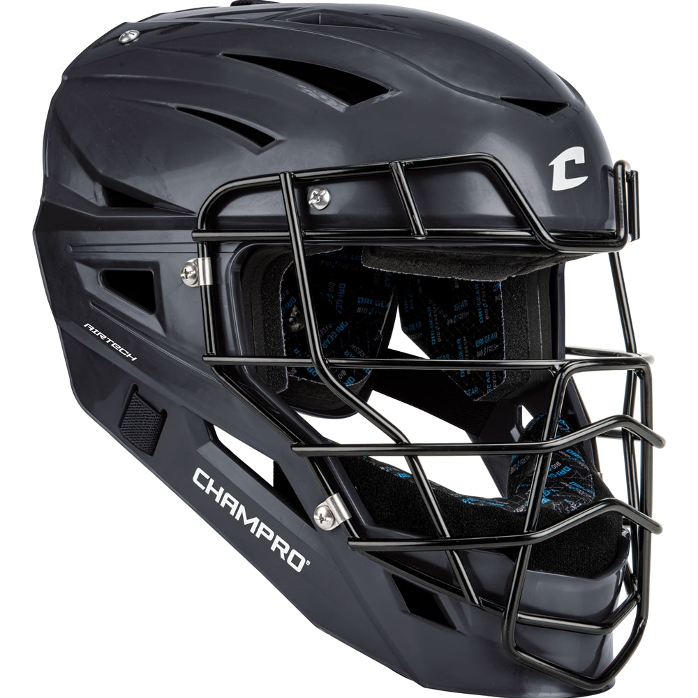 Navy Champro Sports Cannon Hockey Style Catcher's Helmet (CMHXU) with carbon steel faceguard, AirTech ventilation for breathability, padded interior, and Champro logo on the side and front.