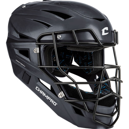 Navy Champro Sports Cannon Hockey Style Catcher's Helmet (CMHXU) with carbon steel faceguard, AirTech ventilation for breathability, padded interior, and Champro logo on the side and front.