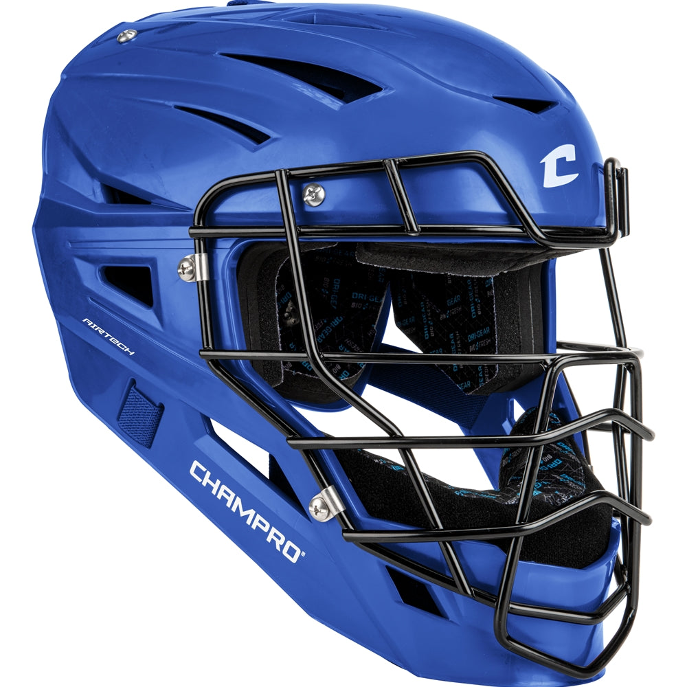The Champro Sports Cannon Hockey Style Catcher's Helmet (CMHXU) in royal features an AirTech ventilation system, carbon steel faceguard, and padded interior—ideal for baseball or softball.