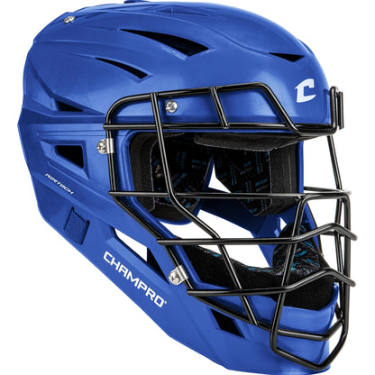 The Champro Sports Cannon Hockey Style Catcher's Helmet (CMHXU) in royal features an AirTech ventilation system, carbon steel faceguard, and padded interior—ideal for baseball or softball.
