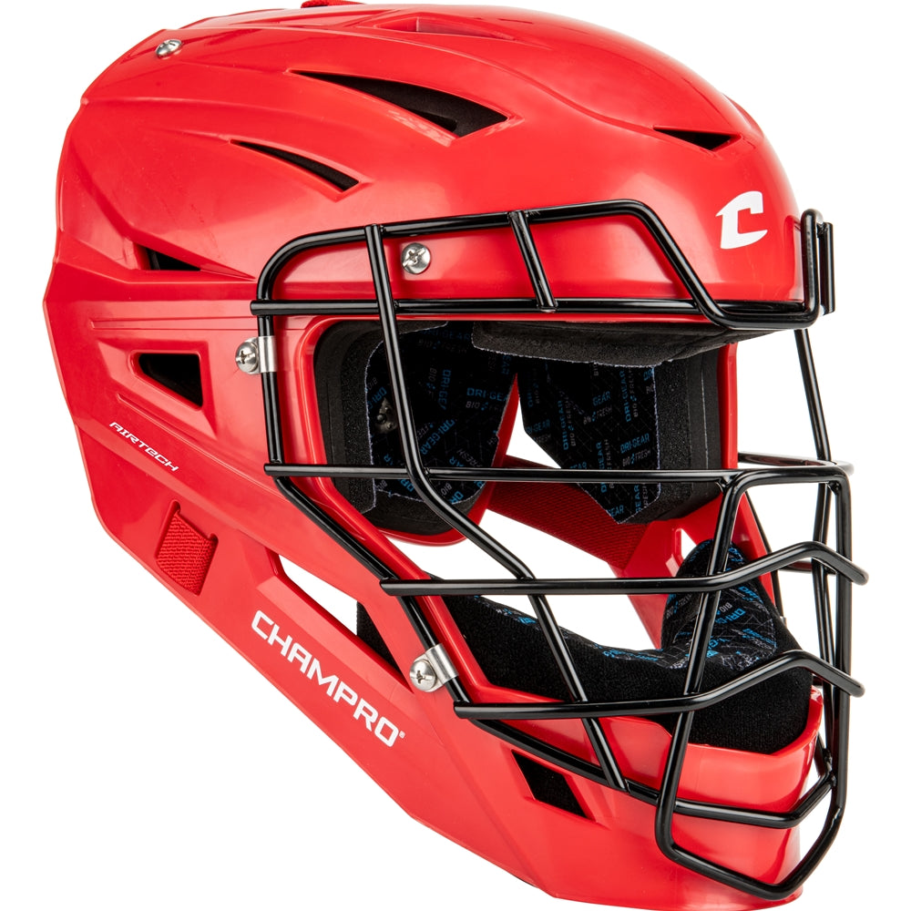 A scarlet Champro Sports Cannon Hockey Style Catcher's Helmet (CMHXU) with a carbon steel faceguard and visible inner padding, shown from a side view.