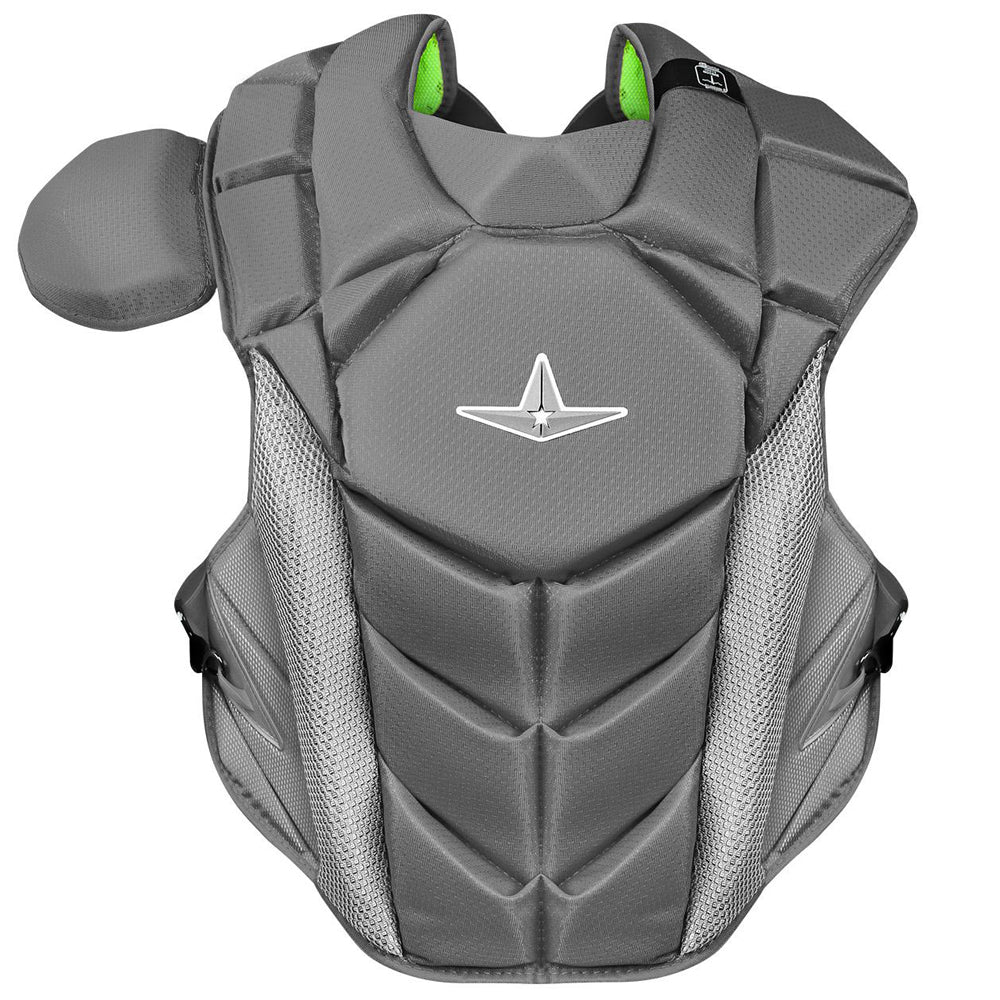 The All Star MVP Pro Catcher's Chest Protector: CPCC-5 is a gray padded chest protector with mesh side panels, left shoulder guard, and white center logo. SEI Certified to meet the NOCSAE standard. Shown against a white background.
