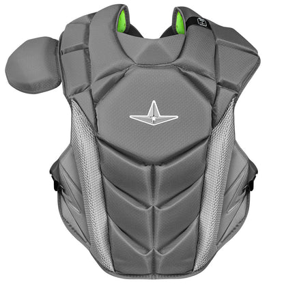 The All Star MVP Pro Catcher's Chest Protector: CPCC-5 is a gray padded chest protector with mesh side panels, left shoulder guard, and white center logo. SEI Certified to meet the NOCSAE standard. Shown against a white background.