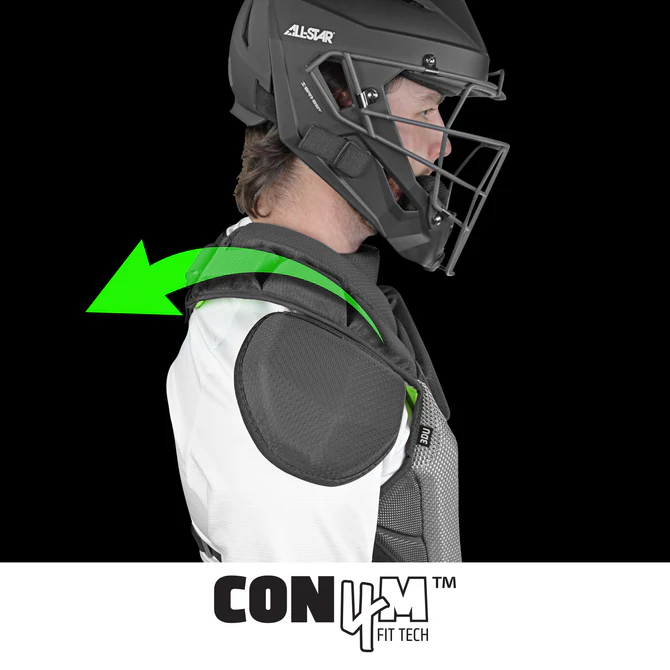 A catcher in full gear is shown from the side, with a green arrow highlighting the All Star MVP Pro Catcher's Chest Protector: CPCC-5 shoulder. The Con4m Fit Tech logo below highlights SEI Certified, NOCSAE standard protection.