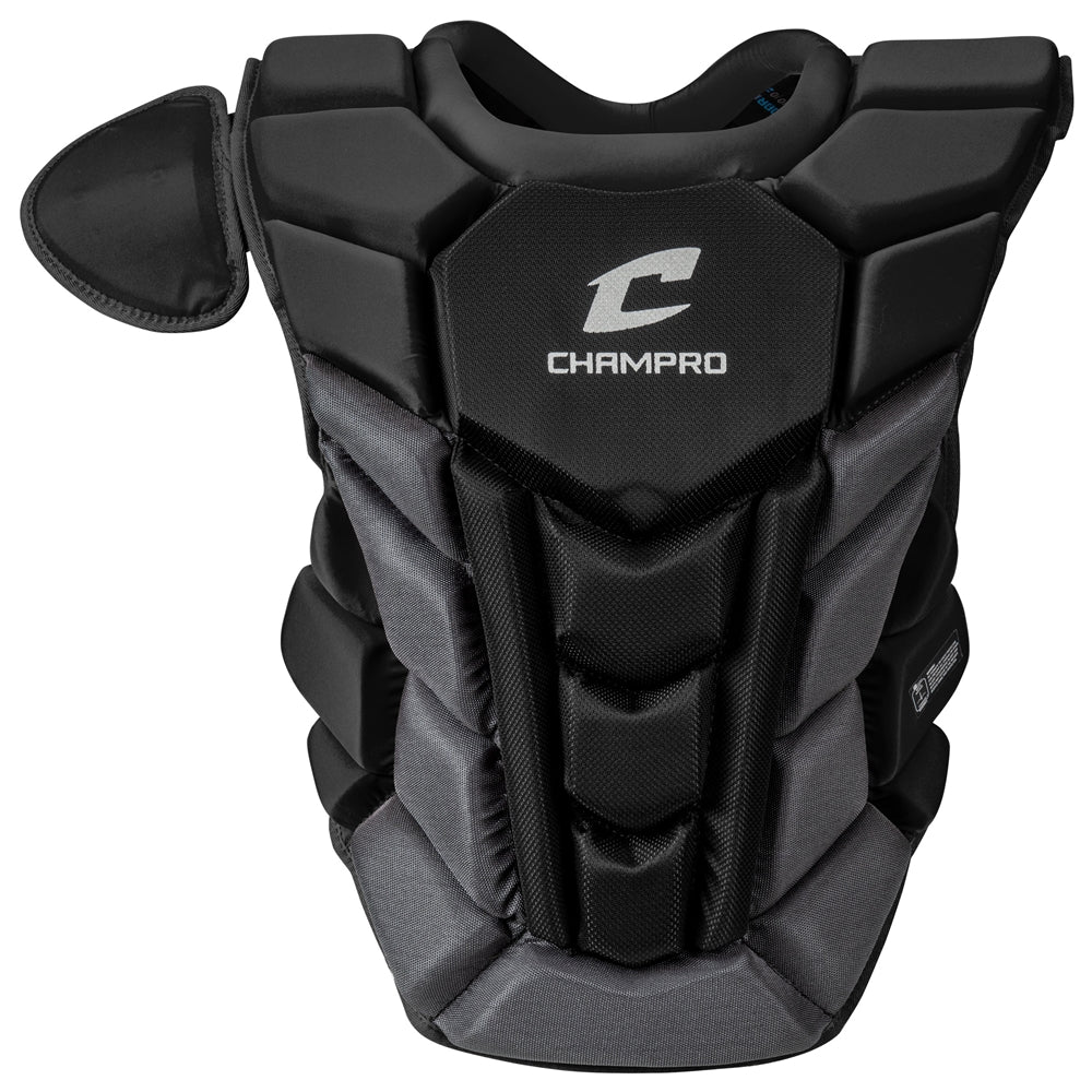 The Champro Sports Optimus Pro Plus Catcher's Chest Protector (CPN1) in black and gray features a shoulder guard and low profile cardiac pad for commotio cordis protection, designed for sports safety, shown against a white background.