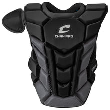The Champro Sports Optimus Pro Plus Catcher's Chest Protector (CPN1) in black and gray features a shoulder guard and low profile cardiac pad for commotio cordis protection, designed for sports safety, shown against a white background.