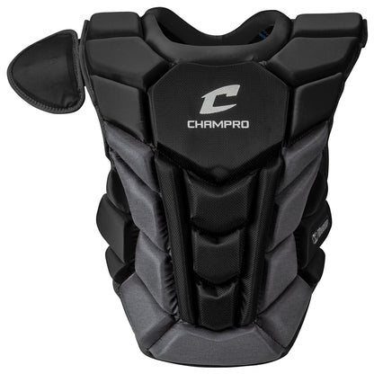The Champro Sports Optimus Pro Plus Catcher's Chest Protector (CPN1) in black and gray features a shoulder guard and low profile cardiac pad for commotio cordis protection, designed for sports safety, shown against a white background.