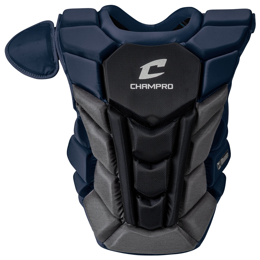 The Champro Sports Optimus Pro Plus Catcher's Chest Protector (CPN1) in navy/black features padding and a shoulder guard, meets NOCSAE standards to help reduce commotio cordis risk, and is shown on a white background.