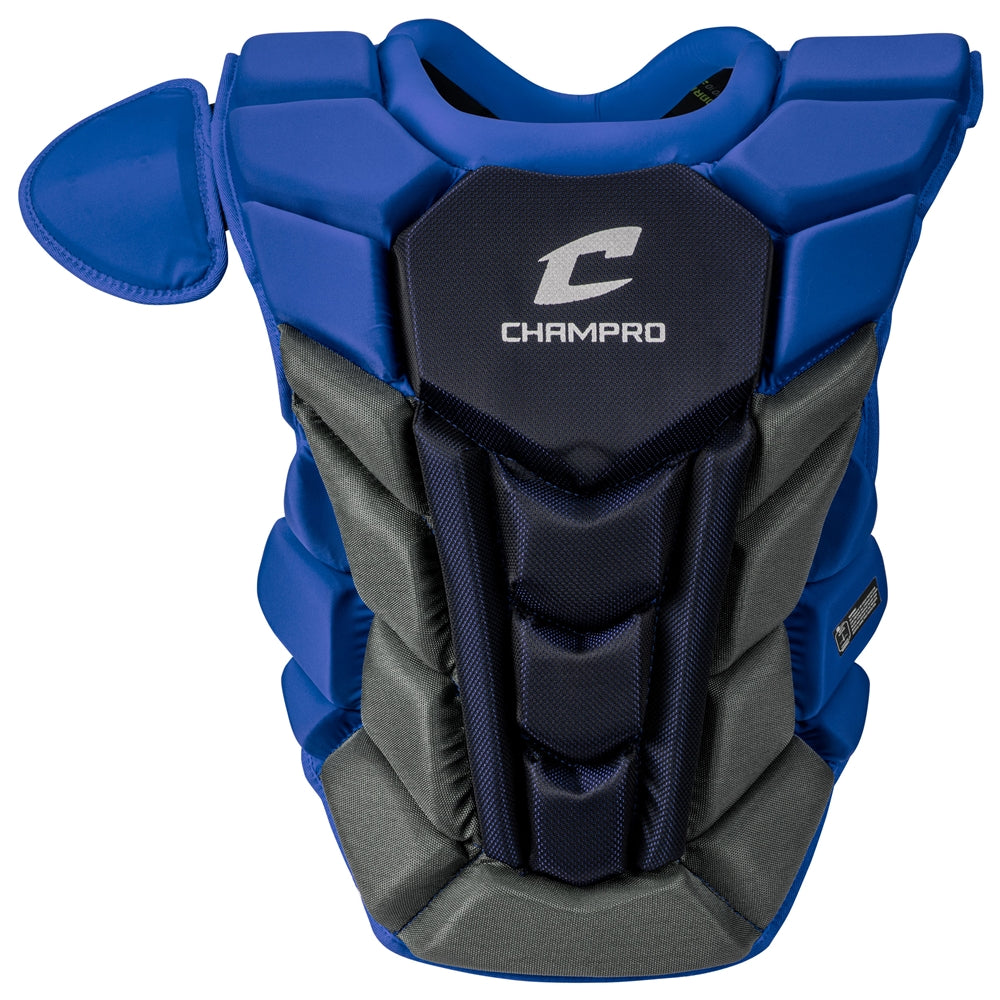 The Champro Sports Optimus Pro Plus Catcher's Chest Protector (CPN1) in blue/black features padded sections, a shoulder guard, and NOCSAE-standard commotio cordis protection for baseball or softball catchers.