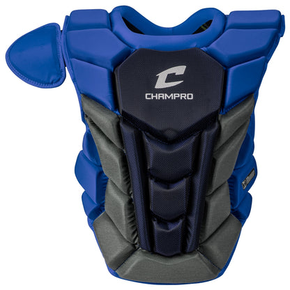 The Champro Sports Optimus Pro Plus Catcher's Chest Protector (CPN1) in blue/black features padded sections, a shoulder guard, and NOCSAE-standard commotio cordis protection for baseball or softball catchers.