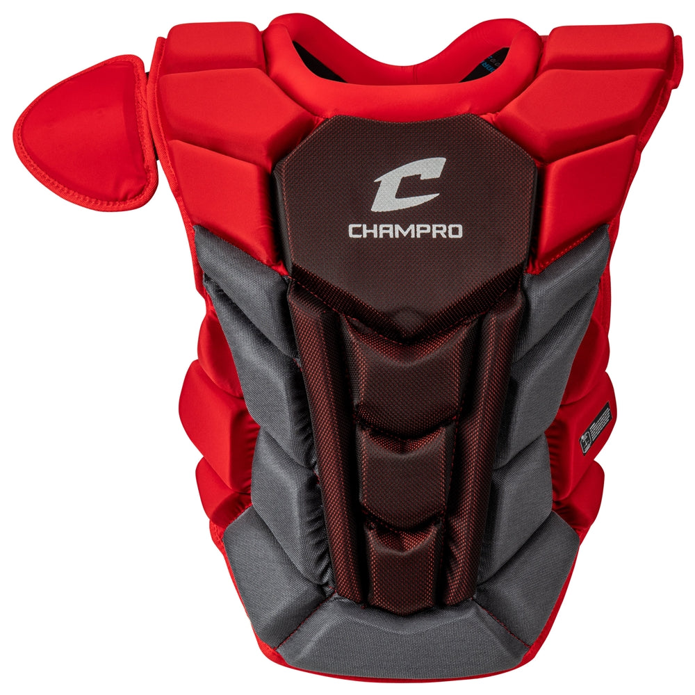 The Champro Optimus Pro Plus Catcher's Chest Protector (CPN1) by Champro Sports features padded sections, a shoulder guard, and a low profile cardiac pad to help protect catchers from Commotio Cordis during games.