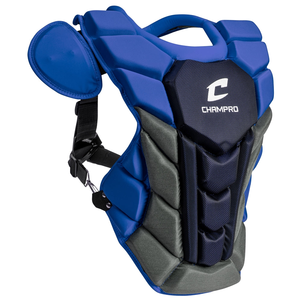 The Champro Sports Optimus Pro Plus Catcher's Chest Protector (CPN1) features padded blue and black segments with an attached shoulder pad, meeting the NOCSAE standard to help protect against commotio cordis.