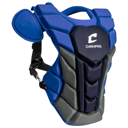 The Champro Sports Optimus Pro Plus Catcher's Chest Protector (CPN1) features padded blue and black segments with an attached shoulder pad, meeting the NOCSAE standard to help protect against commotio cordis.