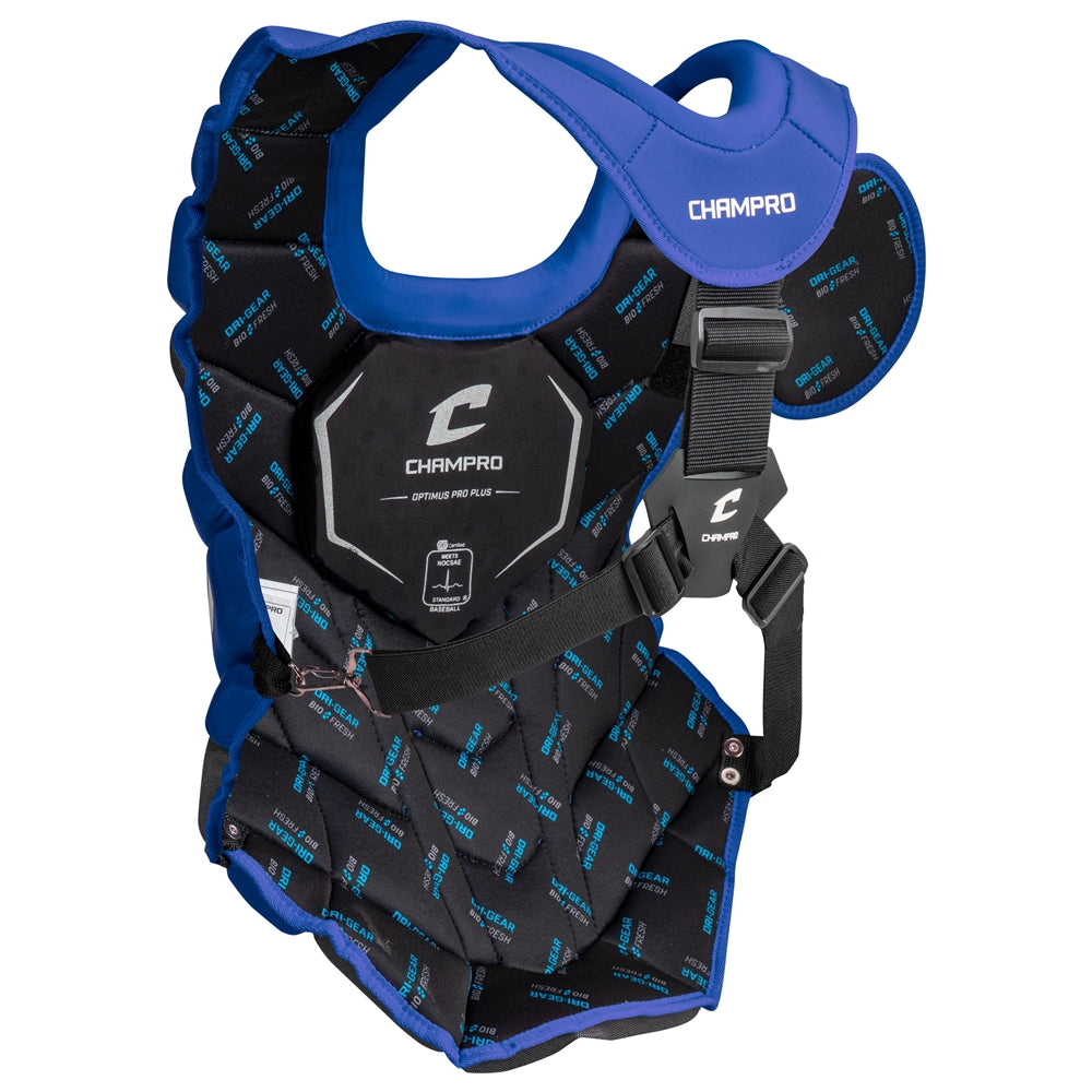The Champro Sports Optimus Pro Plus Catcher's Chest Protector: CPN1 is a black and blue, padded chest protector with adjustable straps and front branding, designed for safety and to help protect against commotio cordis in baseball or softball.