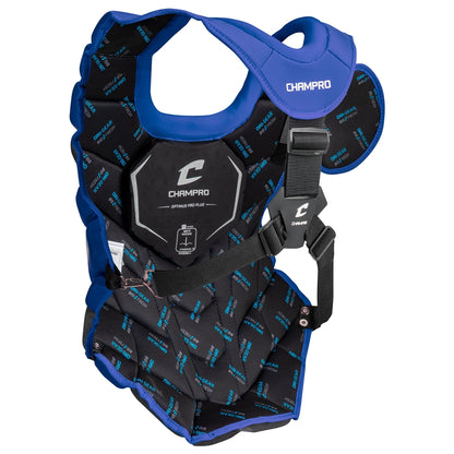 The Champro Sports Optimus Pro Plus Catcher's Chest Protector: CPN1 is a black and blue, padded chest protector with adjustable straps and front branding, designed for safety and to help protect against commotio cordis in baseball or softball.