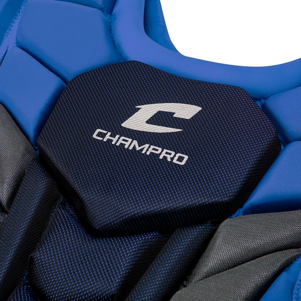 Close-up of the Champro Sports Optimus Pro Plus Catcher's Chest Protector (CPN1) in blue, featuring a black shield with the white Champro logo and stylized C, designed to reduce commotio cordis risk and meet NOCSAE standards for safety.