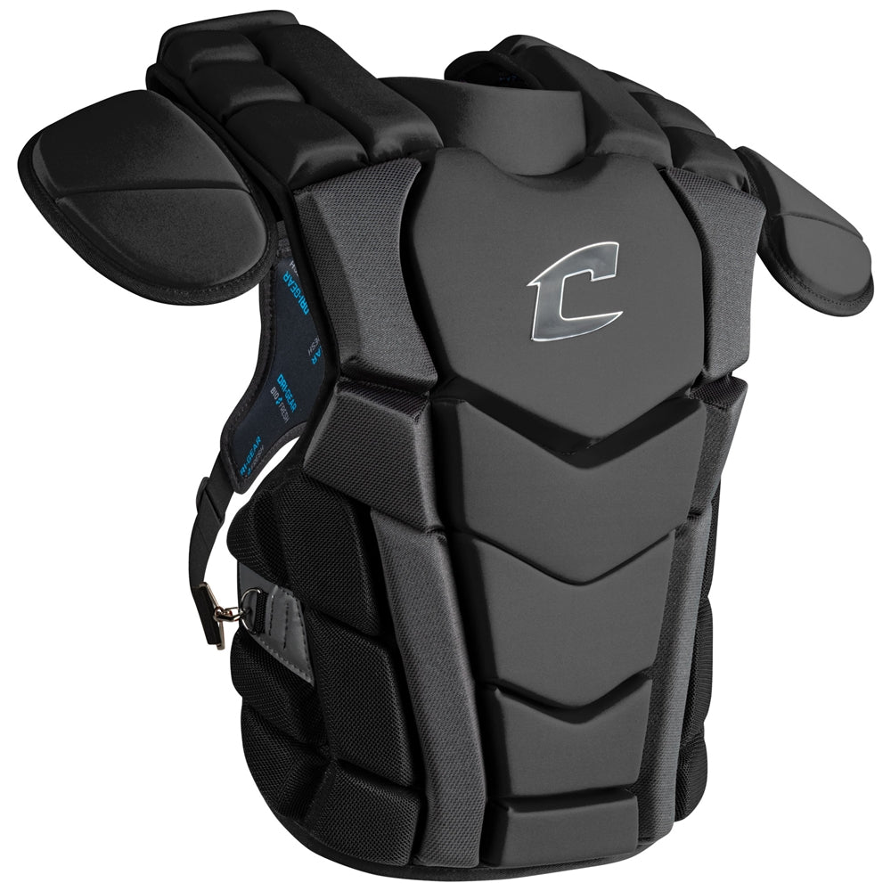 The Champro Optimus Champion Plus Catcher's Chest Protector (CPN3) by Champro Sports is a black chest protector featuring padded shoulders, segmented front panels, adjustable side straps, cardiac protection, and a silver C logo.