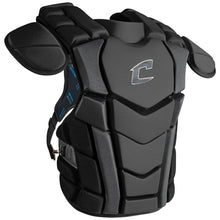 The Champro Optimus Champion Plus Catcher's Chest Protector (CPN3) by Champro Sports is a black chest protector featuring padded shoulders, segmented front panels, adjustable side straps, cardiac protection, and a silver C logo.
