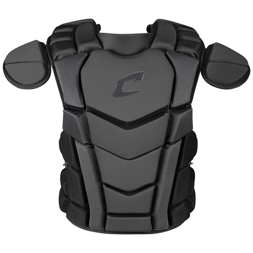 The Champro Sports Optimus Champion Plus Catcher's Chest Protector (CPN3) features a black segmented, padded design with shoulder guards, a central stylized C logo, and built-in cardiac protection meeting NOCSAE standards.