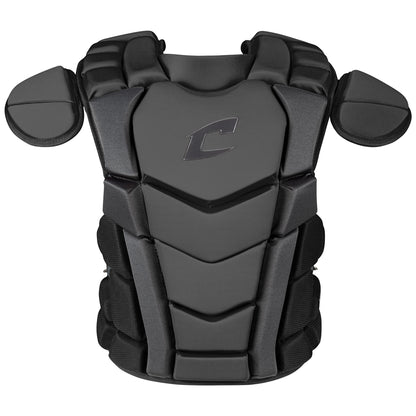 The Champro Sports Optimus Champion Plus Catcher's Chest Protector (CPN3) features a black segmented, padded design with shoulder guards, a central stylized C logo, and built-in cardiac protection meeting NOCSAE standards.