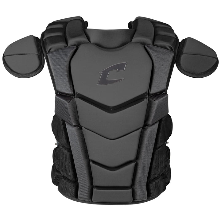 The Champro Sports Optimus Champion Plus Catcher's Chest Protector (CPN3) features a black segmented, padded design with shoulder guards, a central stylized C logo, and built-in cardiac protection meeting NOCSAE standards.