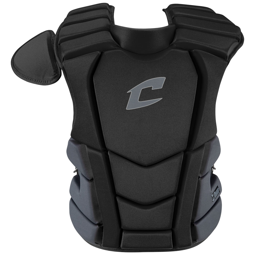 The Champro Sports Optimus Select Plus Catcher's Chest Protector (CPN4) features thick foam padding, a left shoulder guard, stylized C logo, black and gray design, and meets NOCSAE standards for Commotio Cordis protection.