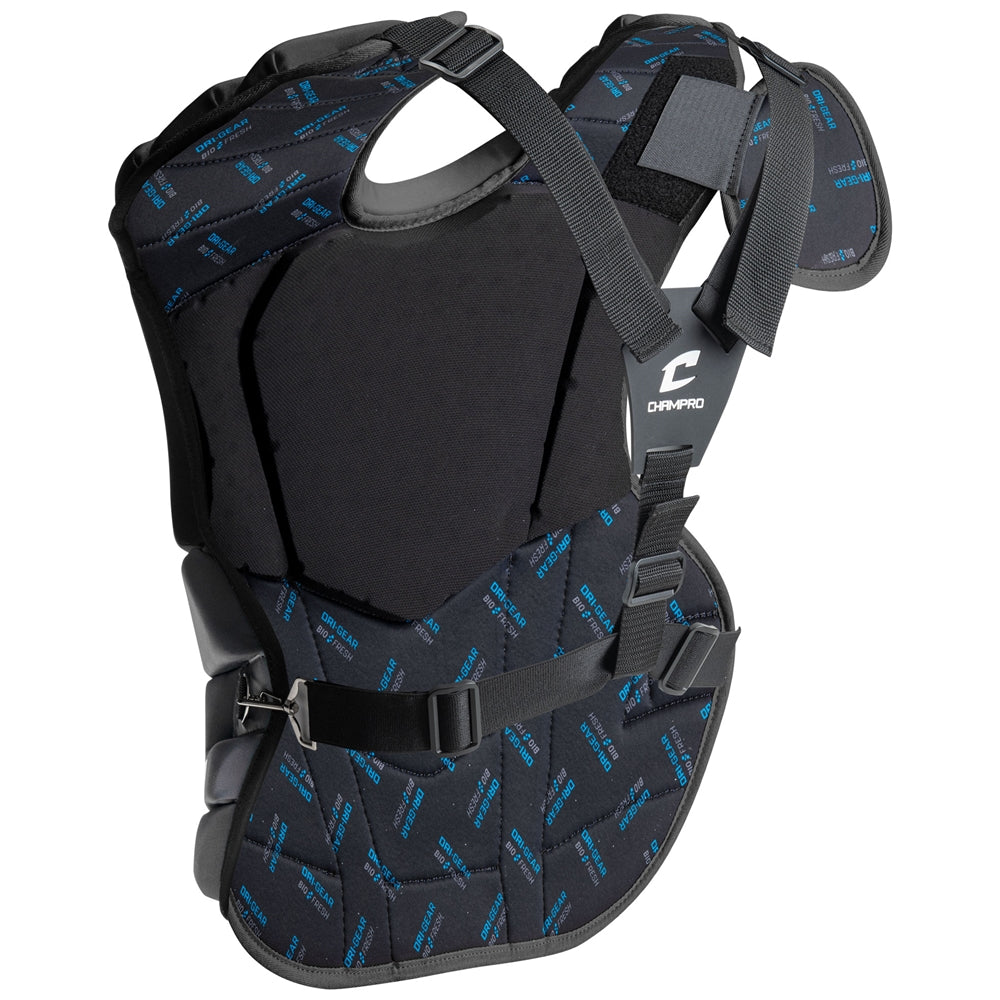 The Champro Sports Optimus Select Plus Catcher’s Chest Protector (CPN4) is black with a blue logo, features adjustable straps, and is NOCSAE-certified to help protect against Commotio Cordis during sports activities.