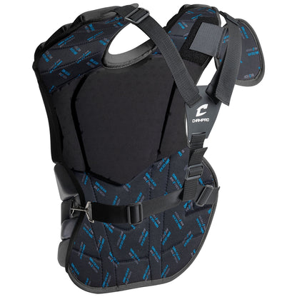 The Champro Sports Optimus Select Plus Catcher’s Chest Protector (CPN4) is black with a blue logo, features adjustable straps, and is NOCSAE-certified to help protect against Commotio Cordis during sports activities.