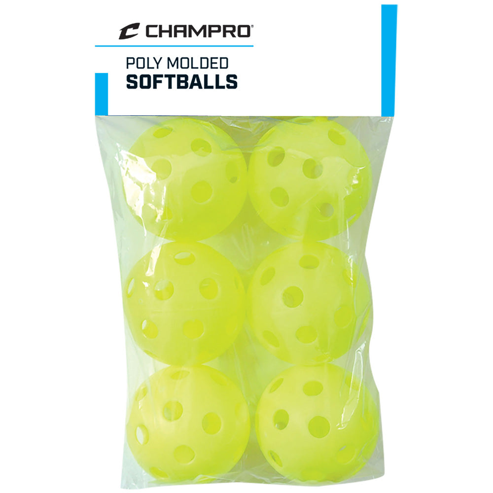 A clear package contains six Champro Sports 12" Poly Molded Training Softballs (model CSB-51C), optic yellow and ideal for training.